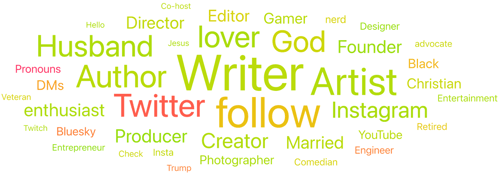 Figure 10. Source Bio Word Cloud about Slang from Ages 40-50 (April 4, 2020 through April 4, 2025); Infegy Social Dataset.