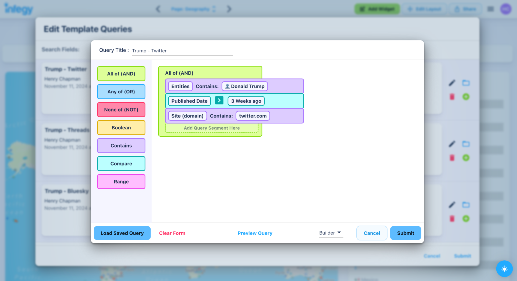 Figure 1: Query structure for the brief looking at general Donald Trump conversation over the last 3 weeks; Infegy Social Dataset.