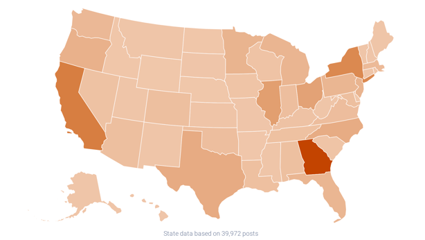 Geographic analysis of #StopCopCity frequency (2013-2023) Georgia and California