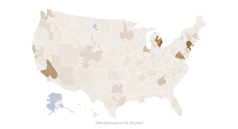 : Geographic distribution (district marketing areas) of the #FlintWaterCrisis conversation (2013-2023) LA, Michigan, NYC and DC area are darkest areas
