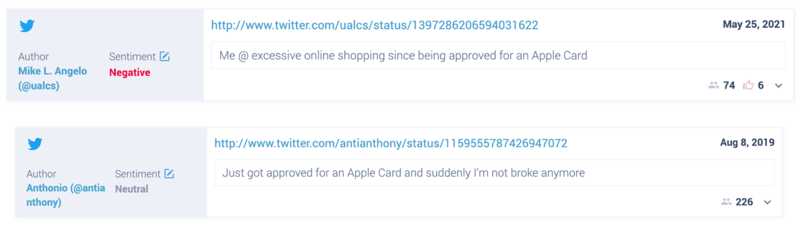A collection of posts sourced from Infegy Atlas showing Apple Card customers posting about potentially irresponsible card use post 2