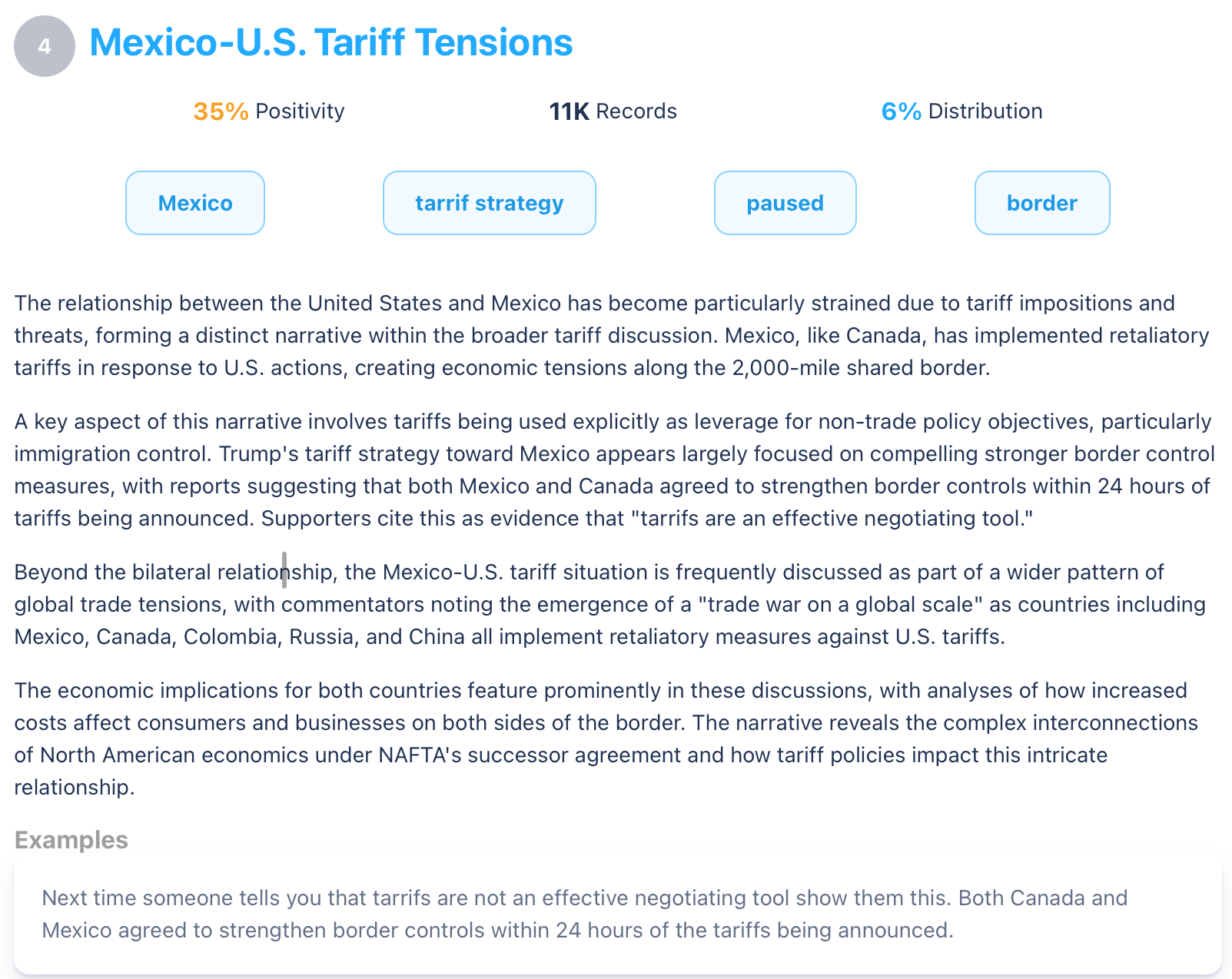 Figure 5: AI-Derived Narrative Showing Greater Conflicts Around US-Mexico Trade Relations (January 1, 2024 through April 7, 2025); Infegy Social Dataset.