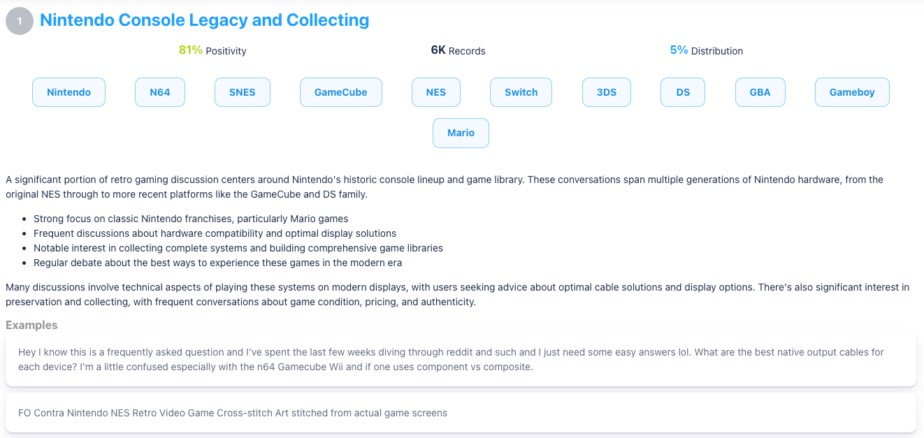 Figure 6: AI Summary Around Collecting Retro Games (January 2022 through December 2025); Infegy Social Dataset.