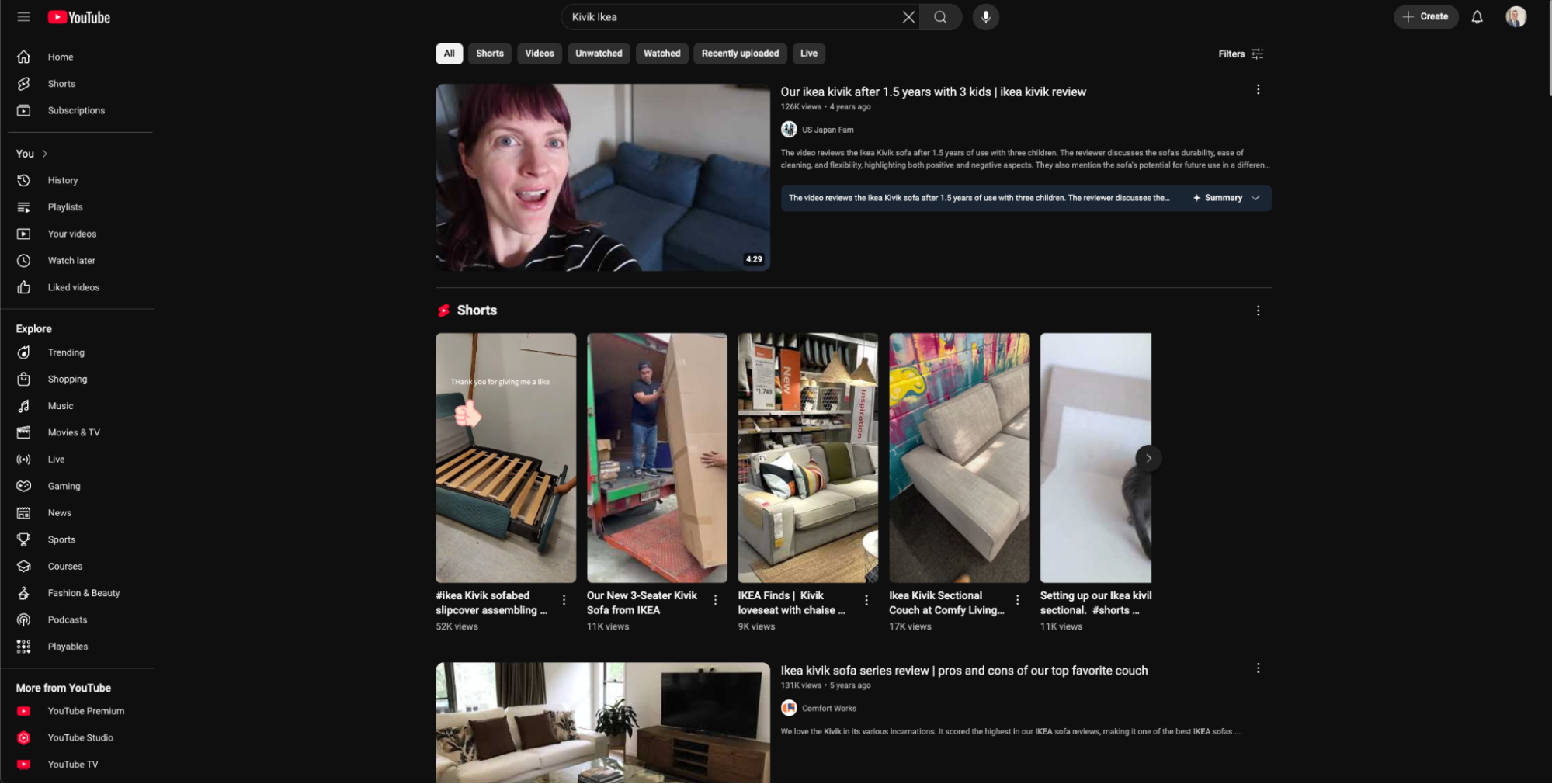 Figure 3: Video results from our "Kivik Ikea" Search