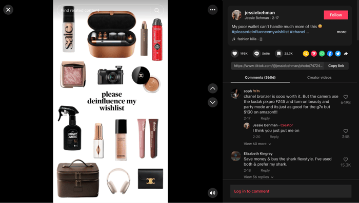 Figure 7: Screenshot from a TikTok post&nbsp;participating in the “Deinfluence&nbsp;My Wishlist” microtrend (@jessiebehman)