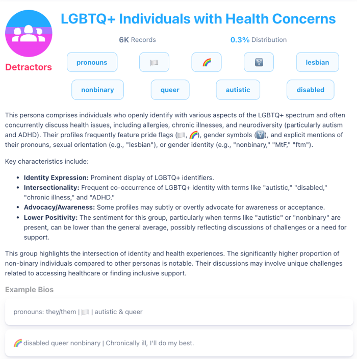 LGBTQ+ Ai personas summary discussing health concerns. 