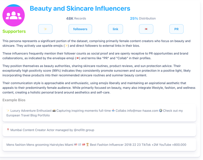 A screenshot displays a "Beauty and Skincare Influencers" profile, detailing their characteristics, communication style, and example bios for supporters.