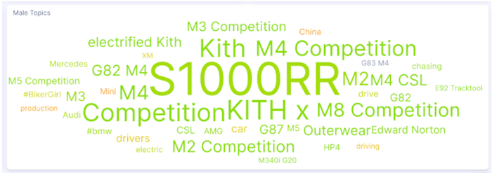 Figure 9: Luxury car market male&nbsp;word cloud&nbsp;(September 2020 - September 2025); Infegy Social Dataset.