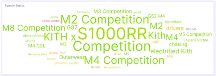 Figure 8: Luxury car market female word&nbsp;cloud&nbsp;(September 2020 - September 2025); Infegy Social Dataset.